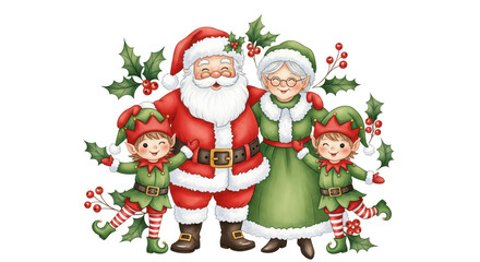 Santa Claus, Mrs. Claus, two cheerful elves, and festive holly leaves with red berries, all smiling and dressed in traditional Christmas attire, evoke joyful holiday spirit