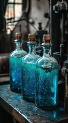 Vintage Bottles with Blue Liquid