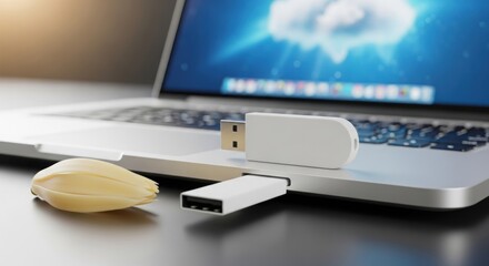 Modern laptop showcasing a white USB flash drive and a delicate tulip perfect for technology and spring themed designs