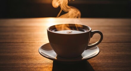 A steaming cup of coffee on a wooden table at sunrise