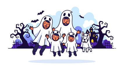Fototapeta premium Spooky Family Halloween Gathering: A whimsical illustration showcasing a family, dressed as ghosts, joyfully celebrating Halloween, with a whimsical, cartoonish rendition of the spooky environment. 
