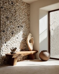 A wooden bench sits in front of a textured stone wall.