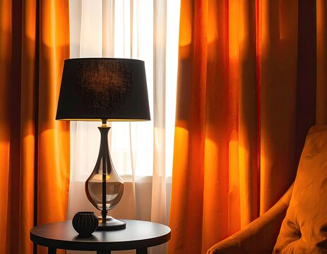Table lamp by window with orange curtains