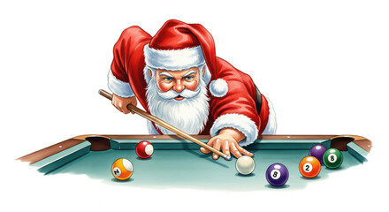 Santa Claus playing billiards, aiming with cue stick at pool table, surrounded by colorful balls, festive and joyful mood, white background