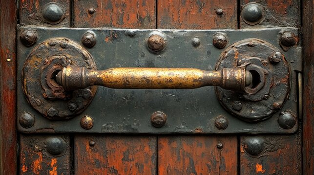 Aged antique door handle on weathered wooden door