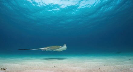 A stingray glides through a tranquil, underwater scene.  Sunlight filters down through the clear, vibrant turquoise water, illuminating the sandy ocean floor.  The stingray, light gray in color, 
