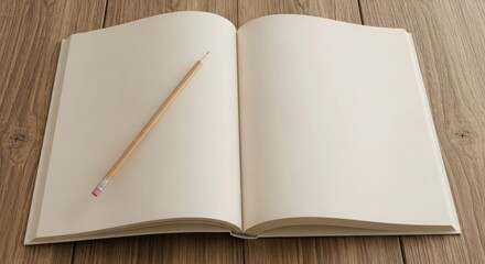 Open blank notebook with pencil on wooden table showcasing a clean and minimalist design perfect for education stationery and branding