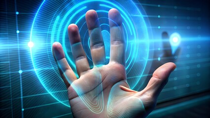 Futuristic blue digital palm scan with glowing concentric circles.