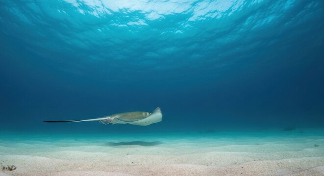 A stingray glides through a tranquil, underwater scene.  Sunlight filters down through the clear, vibrant turquoise water, illuminating the sandy ocean floor.  The stingray, light gray in color,  - Powered by Adobe