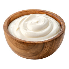 Greek yogurt in wooden bowl isolated on white background.