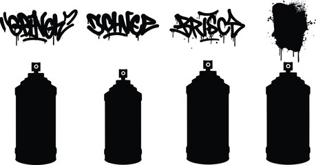 Black spray paint cans and graffiti lettering on transparent background