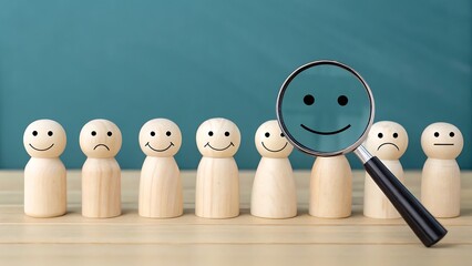Searching for positive attitude and happy employees, using a magnifying glass to find smiling faces among wooden figures on a table