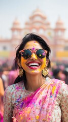 Woman Celebrates Holi with Colorful Powder