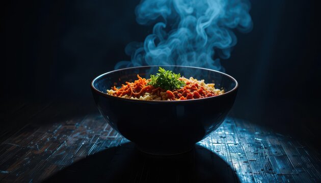A bibimbap bowl illuminated with dramatic lighting, creating high contrast and intense colors. A visually striking and appetizing scene.