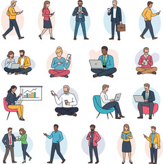 Vector illustration set of diverse business people using laptops, smartphones, and tablets in various work activities. Perfect for presentations, websites, corporate designs, infographics, and educati