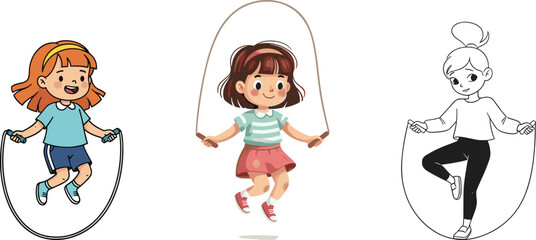 Cartoon girls skipping rope, playful children jumping, fitness and fun activity, vector illustration for exercise, sports, health, and outdoor games