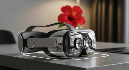 Sleek VR headset rests on a modern table next to a red hibiscus flower showcasing cutting edge technology perfect for virtual reality