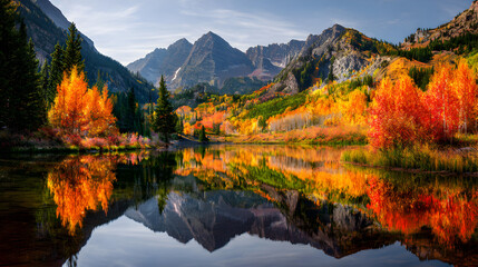 Obraz premium Stunning autumn mountain landscape with vibrant fall foliage reflected perfectly in a serene lake under a clear blue sky