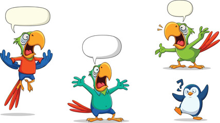 Cartoon parrots and a penguin with speech bubbles, expressive tropical birds illustration, funny talking animals for kids, comic characters