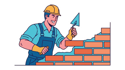 Construction Artisan at Work: A focused artisan bricklayer in a vibrant cartoon illustration, meticulously constructs a brick wall with expertise and precision.