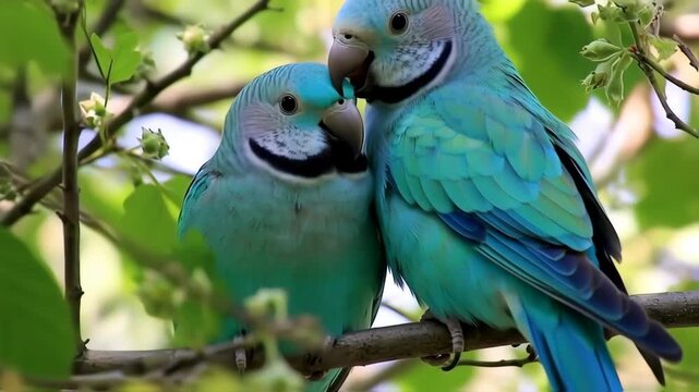 Two vibrant turquoise parakeets perched on a branch