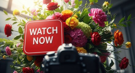 Vibrant flower arrangement with a red Watch Now sign featuring a DSLR camera perfect for advertising and promotional materials
