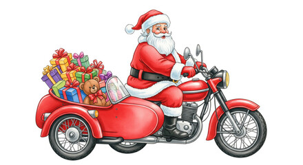 Santa Claus riding red motorcycle with sidecar full of colorful gift boxes, teddy bear, and doll, cheerful holiday scene, white background