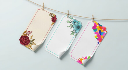 Three floral design cards hanging on twine showcasing roses blue flowers and colorful blooms perfect for wedding invitations and stationery