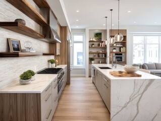 Modern kitchen interior with light beige cabinets and a large marble island.