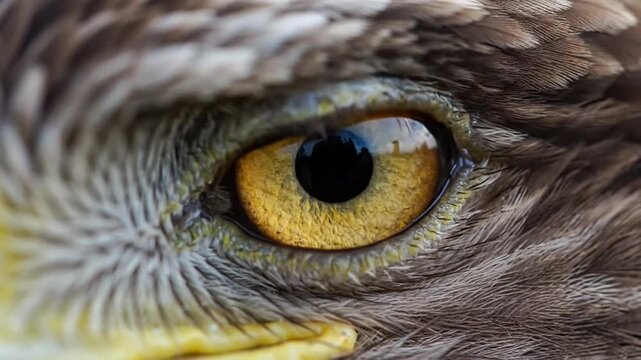 Close-up of a golden eagle's eye, showing intricate details of its iris and feathers.