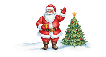 Fototapeta premium Santa Claus holding gift stands on snow next to decorated Christmas tree with star on top, festive and cheerful holiday scene