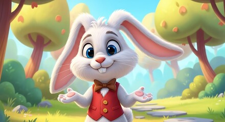 A cheerful white rabbit with a red vest stands in a vibrant, stylized natural setting, expressing amicable intent.