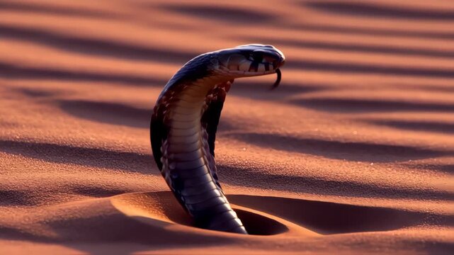 Venomous cobra in desert sunset