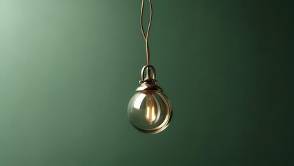 A minimalist pendant light with a clear glass globe and brass fitting hangs against a deep green backdrop.  The lightbulb inside is visible, creating a warm glow