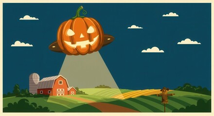A pumpkin-shaped UFO beams a spotlight across a tranquil autumnal countryside, showcasing a scarecrow and rustic red barns beneath a night sky.