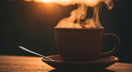 A terracotta mug of steaming hot coffee at sunrise