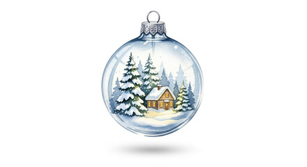 Snowy winter landscape cozy cabin pine tree snow glass ornament holiday festive peaceful white background seasonal decoration. glass ornament features cozy cabin surrounded by snowy pine trees