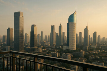 Fototapeta premium Futuristic City at Dusk Sleek contemporary skyscrapers with a dramatic evening sky.