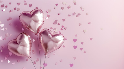 Fototapeta premium Romantic pink background with shiny metallic heart balloons and scattered small hearts, symbolizing love, joy, and special celebrations.