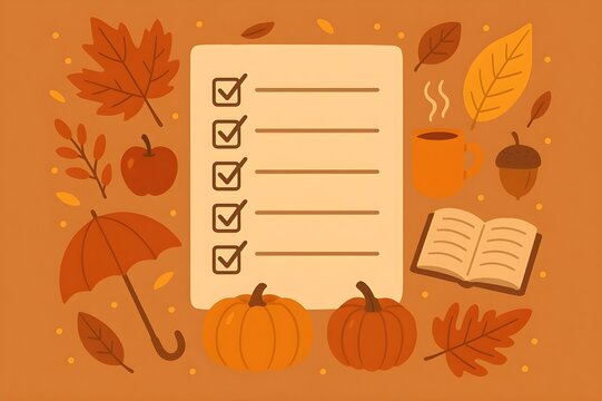 Autumn checklist with pumpkins, leaves, umbrella, apple, acorn, coffee mug, and open book in warm orange palette flat planning template with ticked boxes. - Powered by Adobe