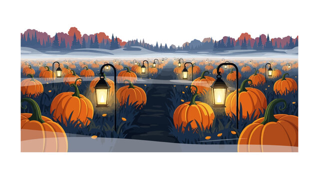 Halloween Pumpkin Field: A captivating, photorealistic rendering of a Halloween pumpkin patch, illuminated by the warm glow of vintage lanterns.