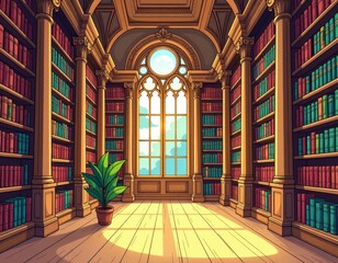 Grand Illustrated Library with Sunny Ornate Window