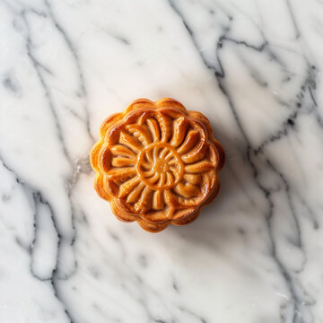 Gourmet Mooncake on Marble, Golden Brown Elegance, Modern Food Photography Style