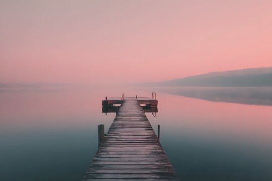 Fototapeta Wooden pier on calm water at sunrise lake mist