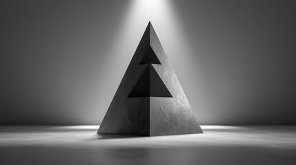 Stone textured pyramid with dual triangular cutouts, illuminated by a single overhead light beam creating stark contrast, minimalist sculpture