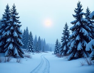 Serene Winter Forest Path with Snow-Covered Pine Trees and Misty Sun.