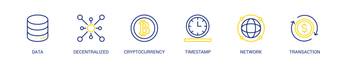 Block Chain Line Color Icon Set For Web Banner. Vector Illustration Concept With Some Icons. Designed In Line Color Style