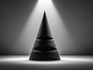 Fototapeta premium Black conical object with geometric cut texture and layered structure under spotlight on gradient background, stark��Ӱ�Ա�, modern sculpture
