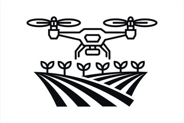 Black and white icon of a drone flying over a stylized farm field with plants agriculture farming