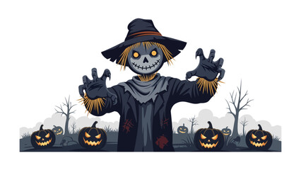Spooky Scarecrow: A scarecrow wearing a traditional hat, with sinister glowing eyes, stands in front of jack-o'-lanterns against a haunted halloween night atmosphere, the essence of the autumn season.